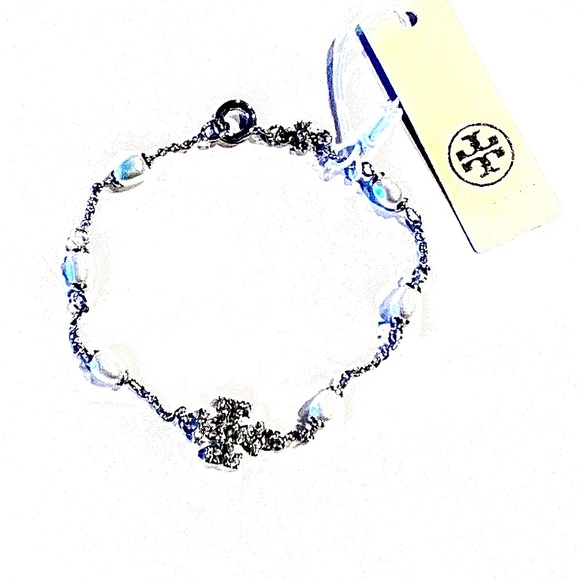 Tory Burch NWT Rose Gold Pearl 
& Pave CZ T-logo Bracelet - Picture 8 of 8